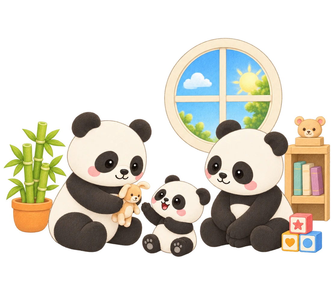 The panda family together in the afternoon, one of them waving