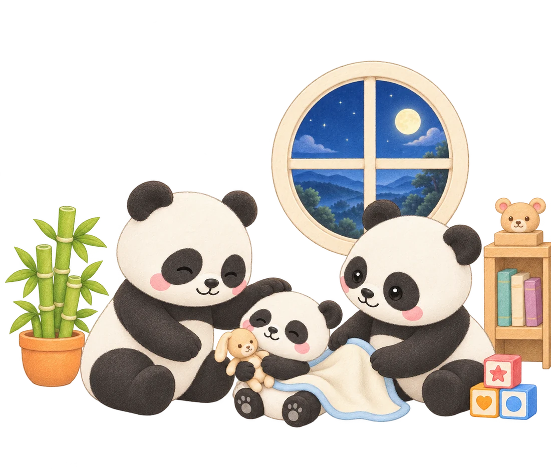 The panda family winding down under a starry night sky