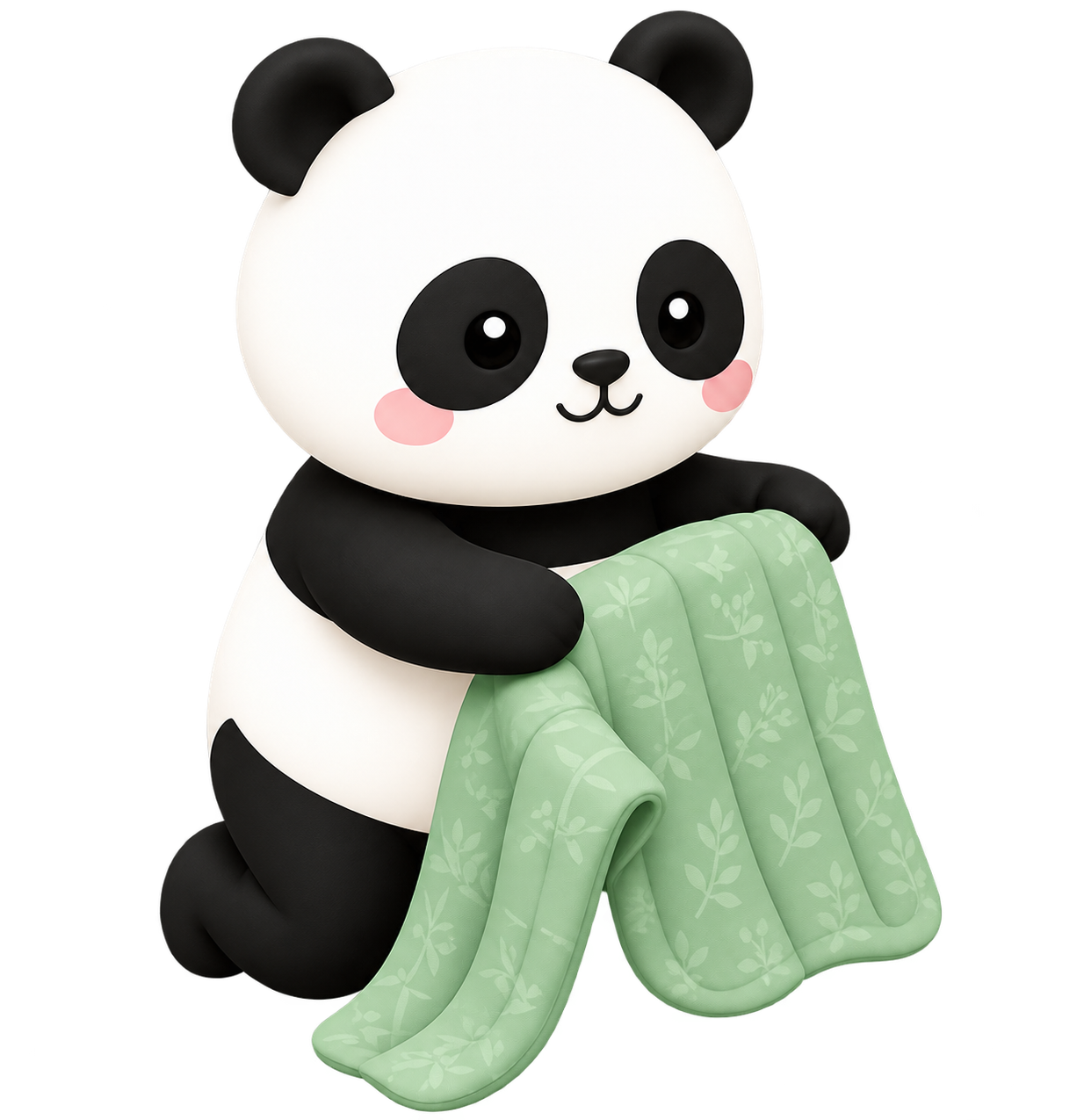 A panda carefully folding a green baby blanket
