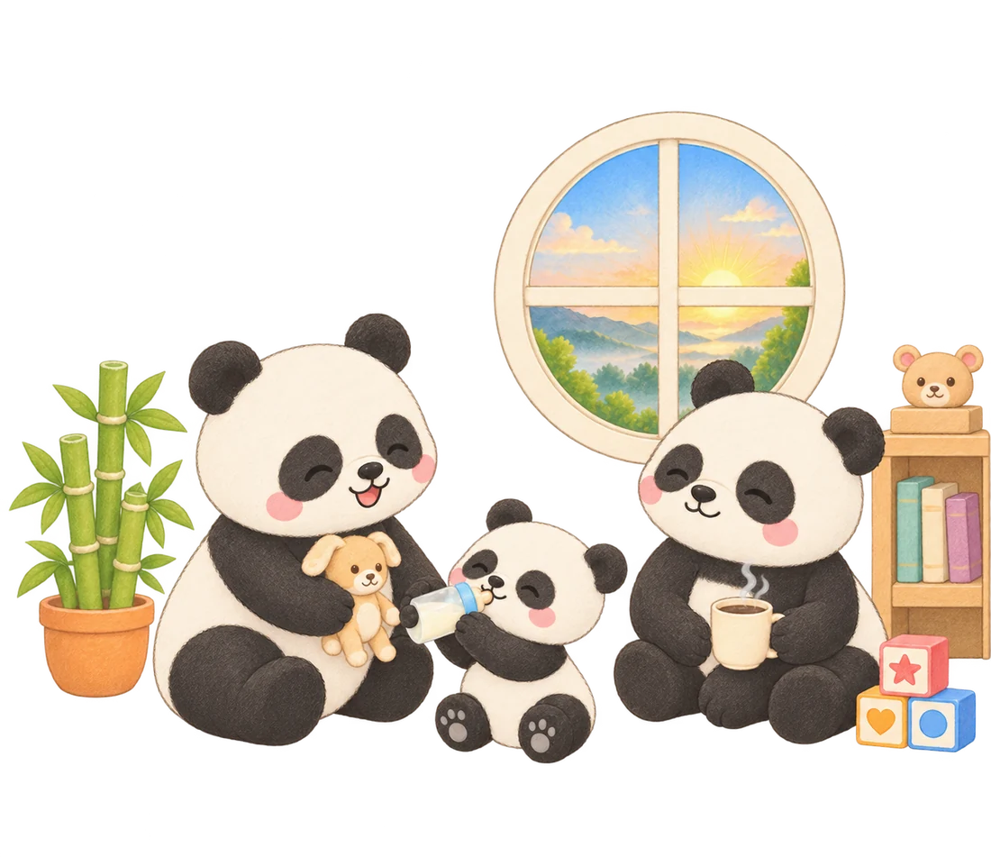 A softly illustrated panda family enjoying a slow morning