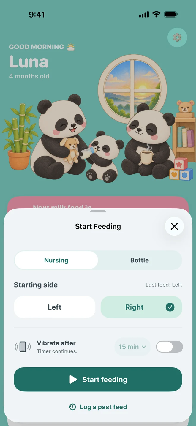 Bamboo nursing screen with a timer and feeding history